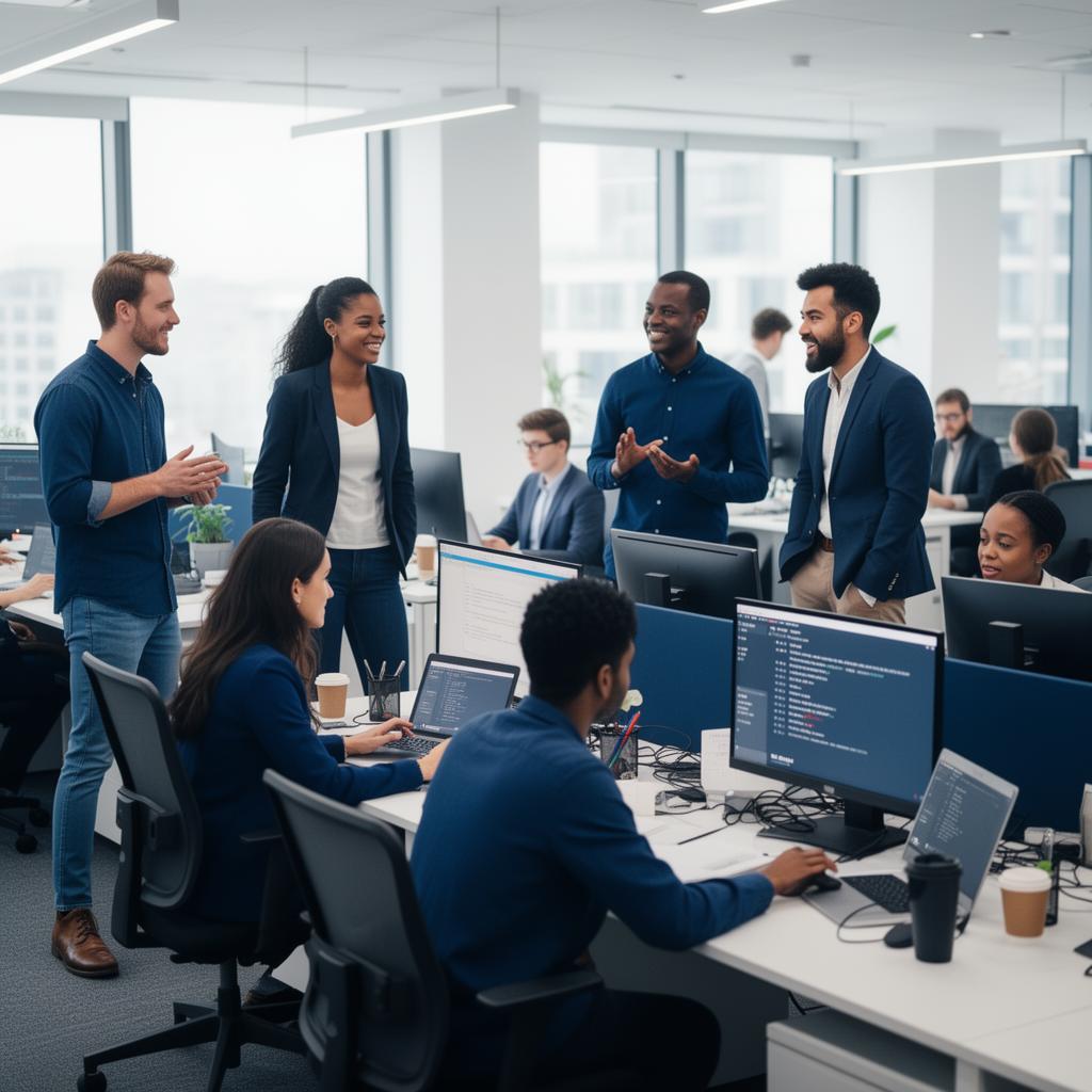 A diverse modern workforce collaborating across desks in an open-plan office