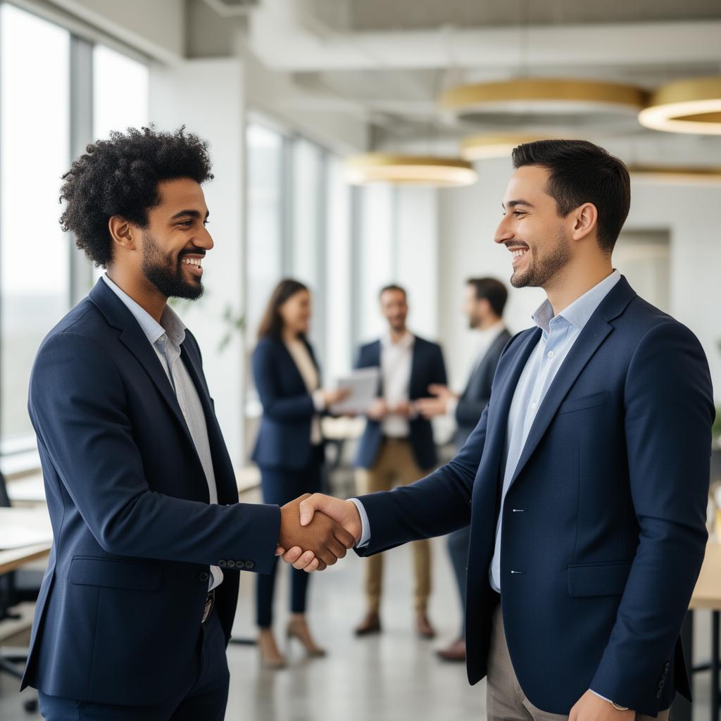 Two business partners shaking hands in a modern office