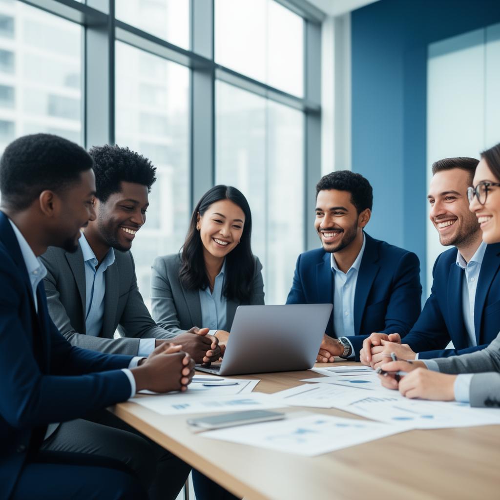 A diverse team of professionals collaborating in a modern office